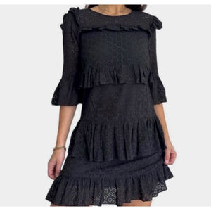 MADEWELL Boho Eyelet Waterlily Ruffle Tiered Mini Dress Size 8 Black Bell Sleeve